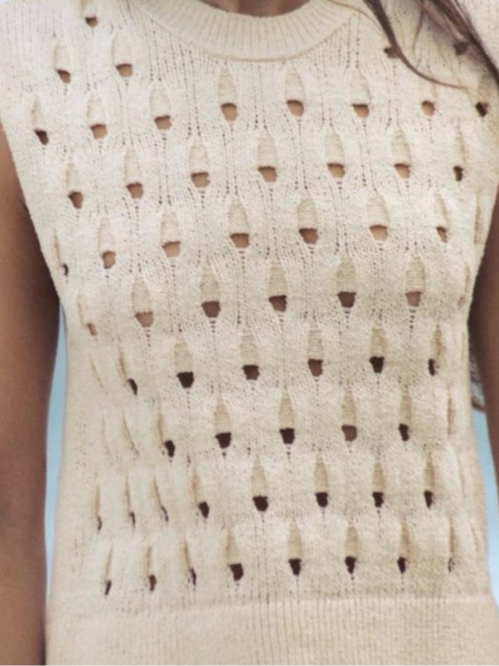 Zara Open Knit Crochet Sweater Vest Cream Ivory Sleeveless Top Size M Coastal - Picture 3 of 8